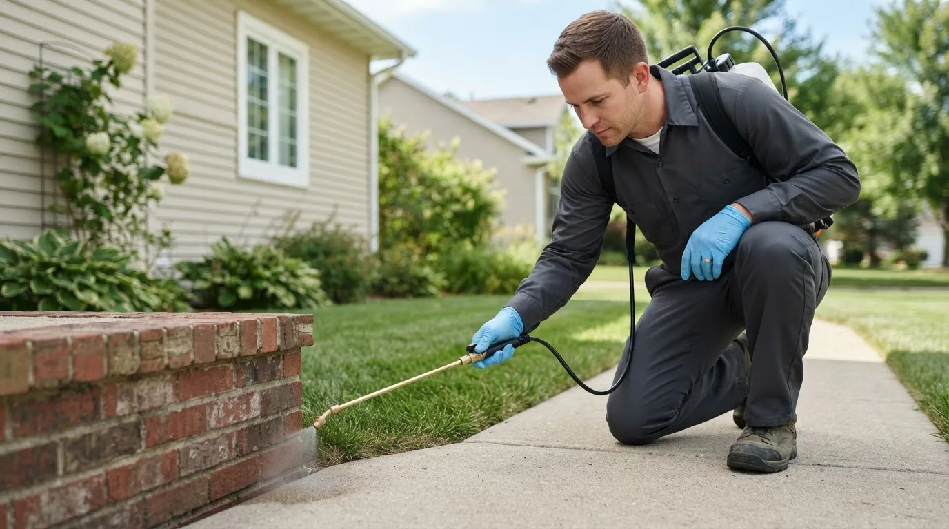 Pest control technician treating a home near Oakland, RI